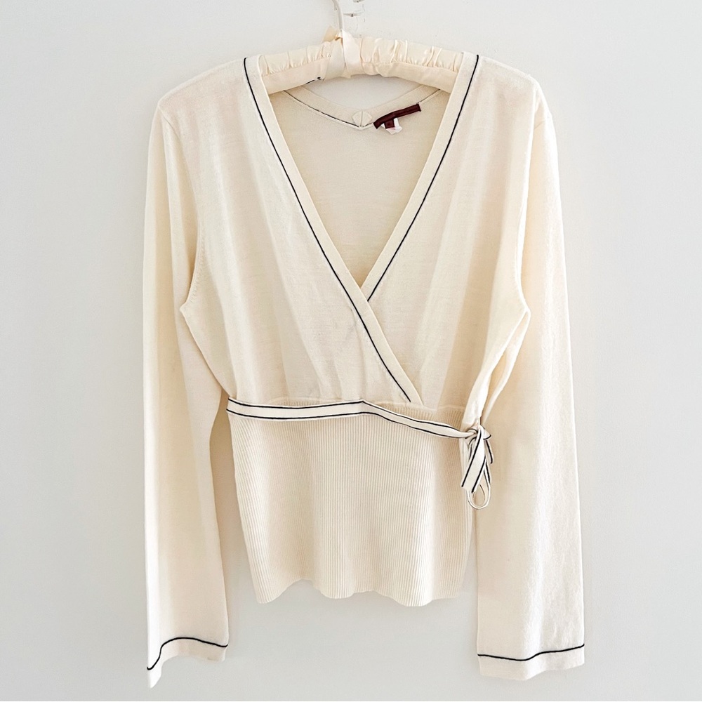 Vintage Tape Measure Faux Wrap V-Neck Sweater Size XL Cream & Black Trim Belted